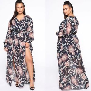 Fashion Nova Brunch Date Maxi Dress Navy Feather Boho Print 1X Plus